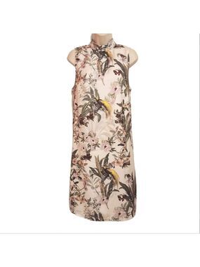 H&M Satin Floral Bird Print Mini Shift Dress Medium